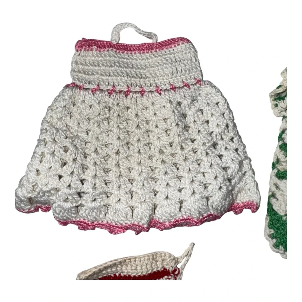 Vintage Crocheted Dress Shaped Pot Holders Hanging Loop 6 pcs